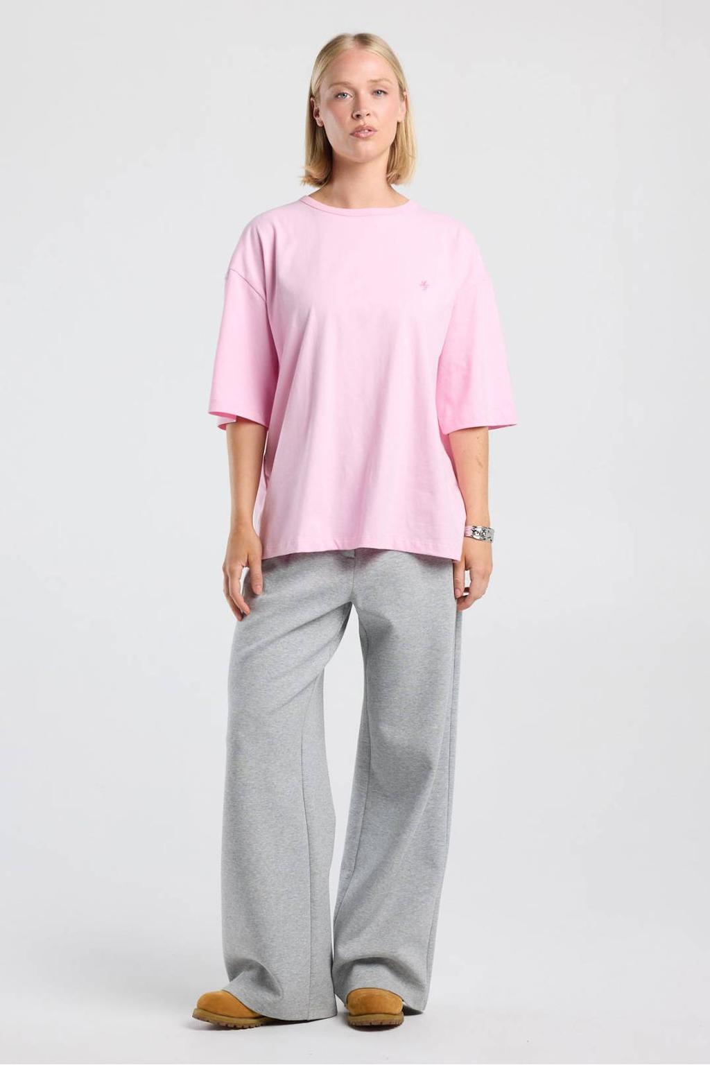 Lichtroze dames America Today rechtvallend T-shirt van katoen met effen, driekwart mouwen en ronde hals