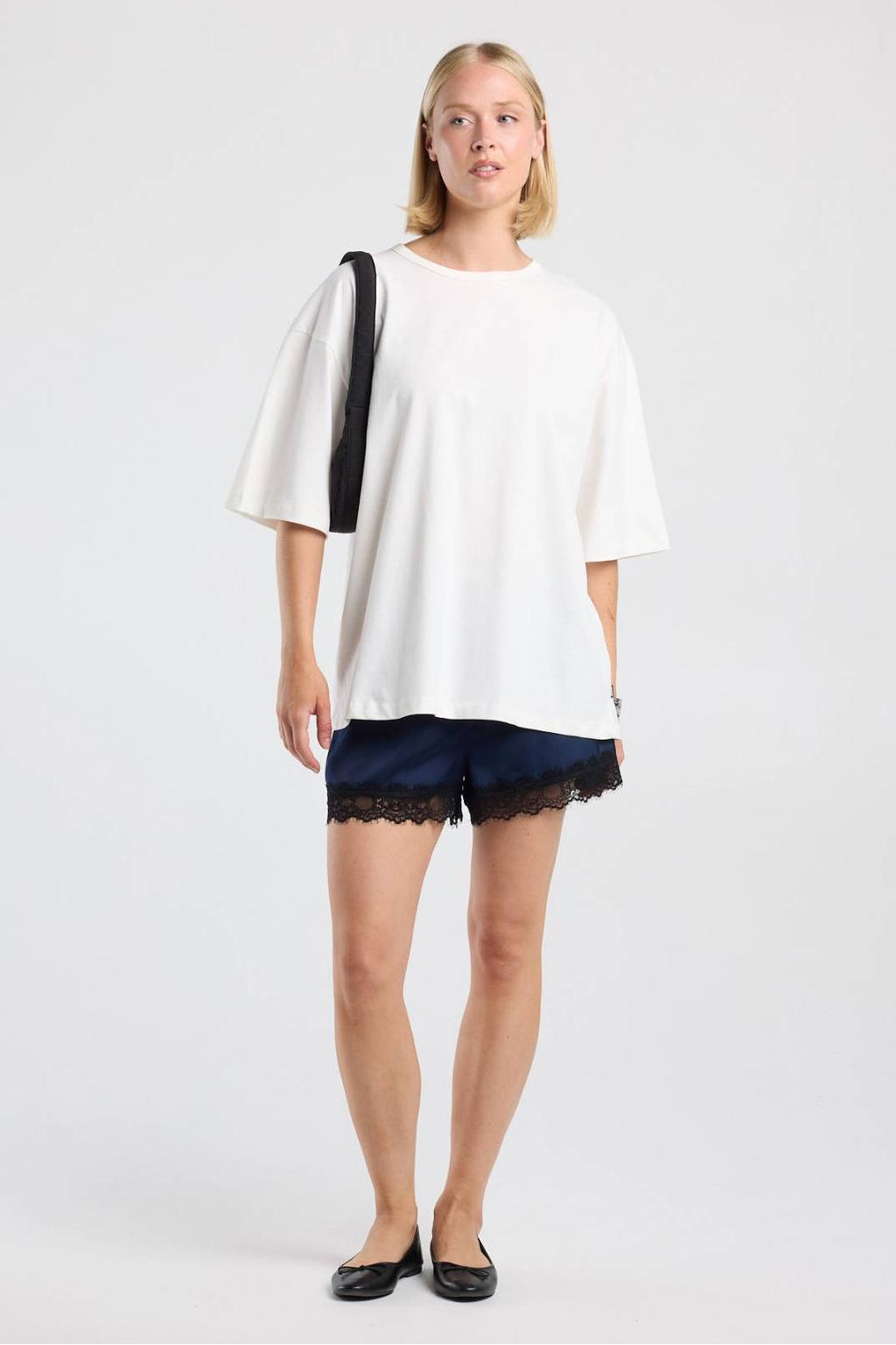 Ecru dames America Today rechtvallend T-shirt van katoen met effen, driekwart mouwen en ronde hals
