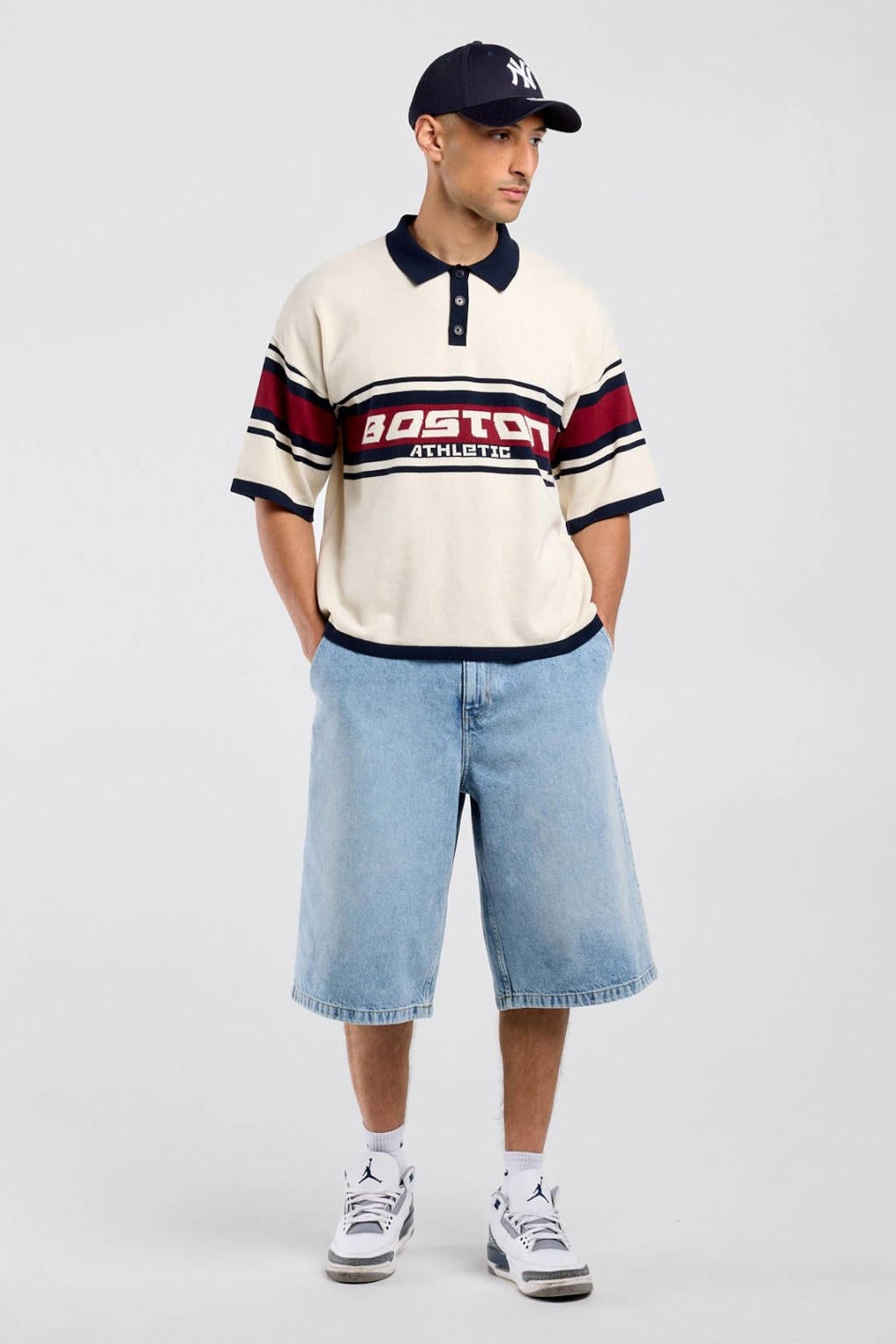 Ecru heren America Today oversized polo rood met printopdruk, korte mouwen en knoopsluiting