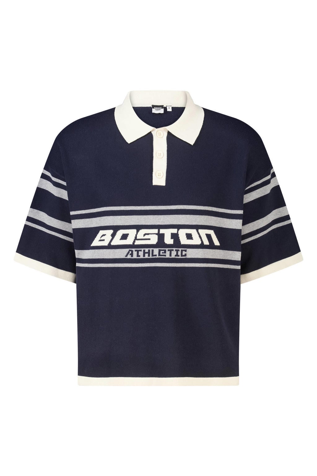 Donkerblauwe heren America Today oversized polo offwhite met printopdruk, korte mouwen en knoopsluiting