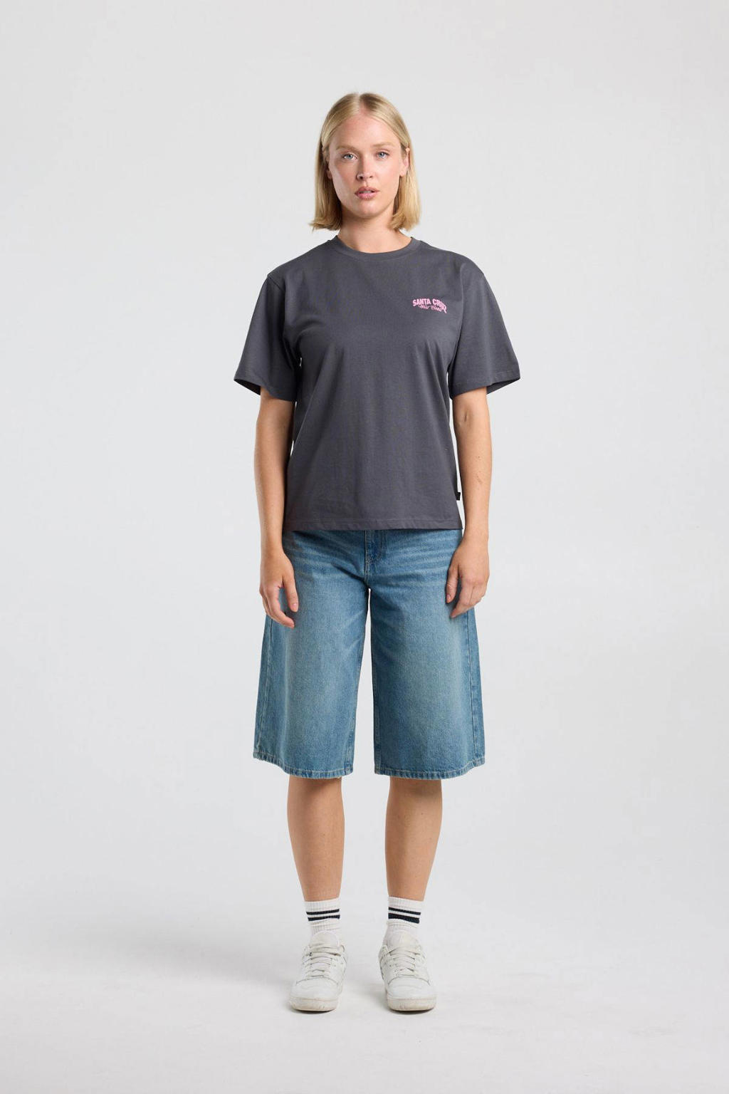 Grijze dames America Today T-shirt van katoen met printopdruk, korte mouwen en ronde hals