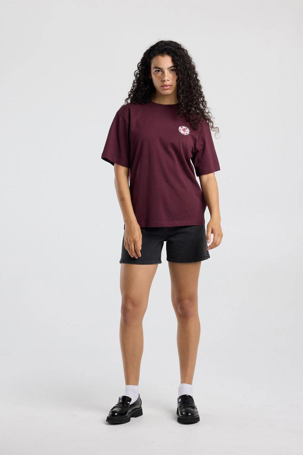 Donkerrood, wit en lichtroze dames America Today T-shirt van katoen met printopdruk, korte mouwen en ronde hals