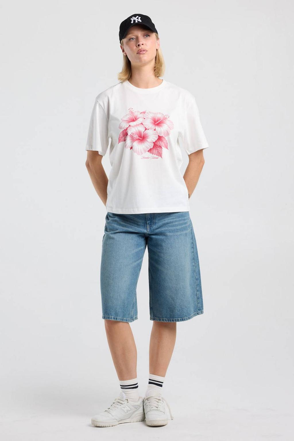 Wit en donkerrode dames America Today T-shirt van katoen met printopdruk, korte mouwen en ronde hals