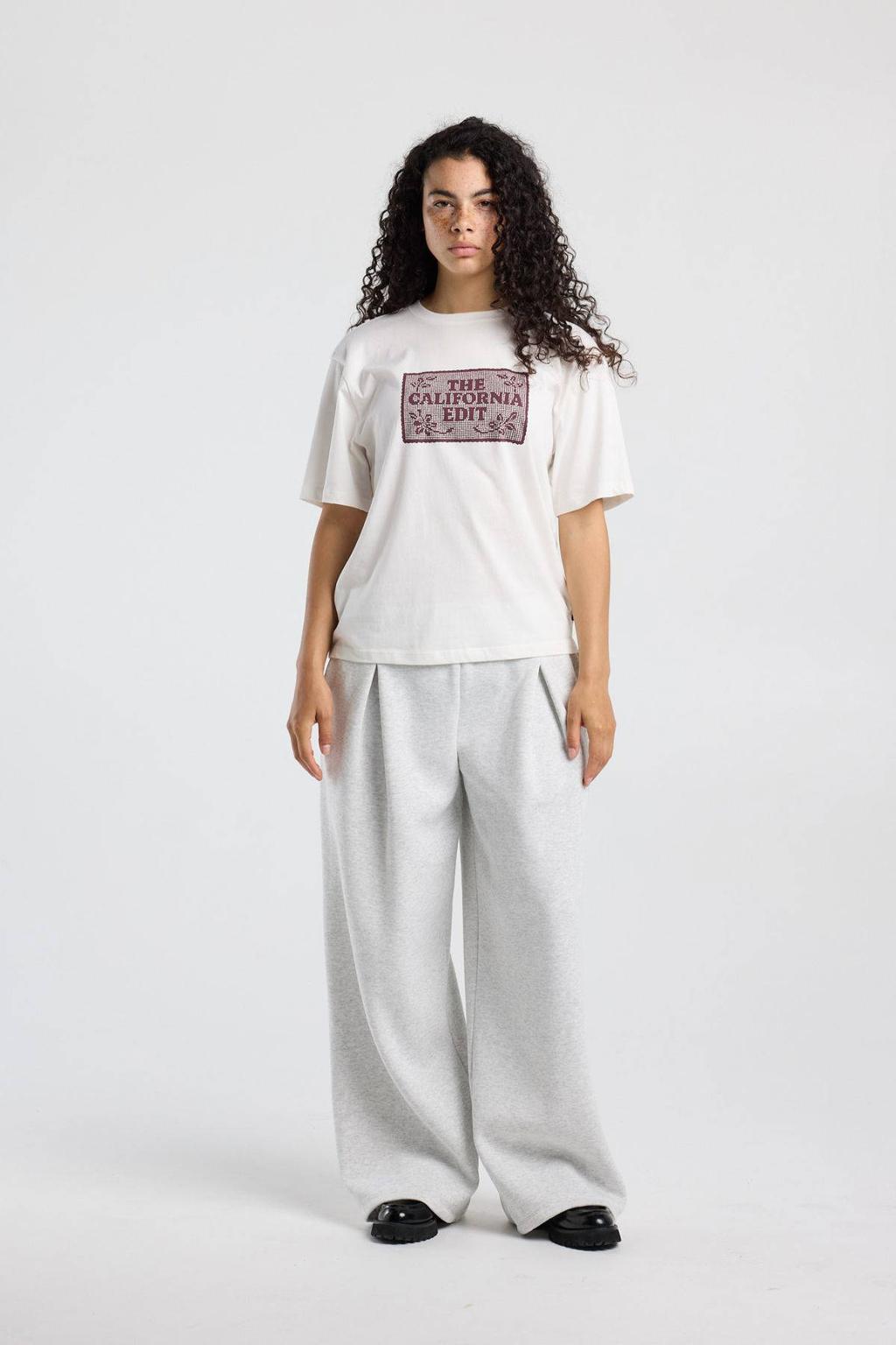 Wit en donkerrode dames America Today T-shirt van katoen met printopdruk, korte mouwen en ronde hals