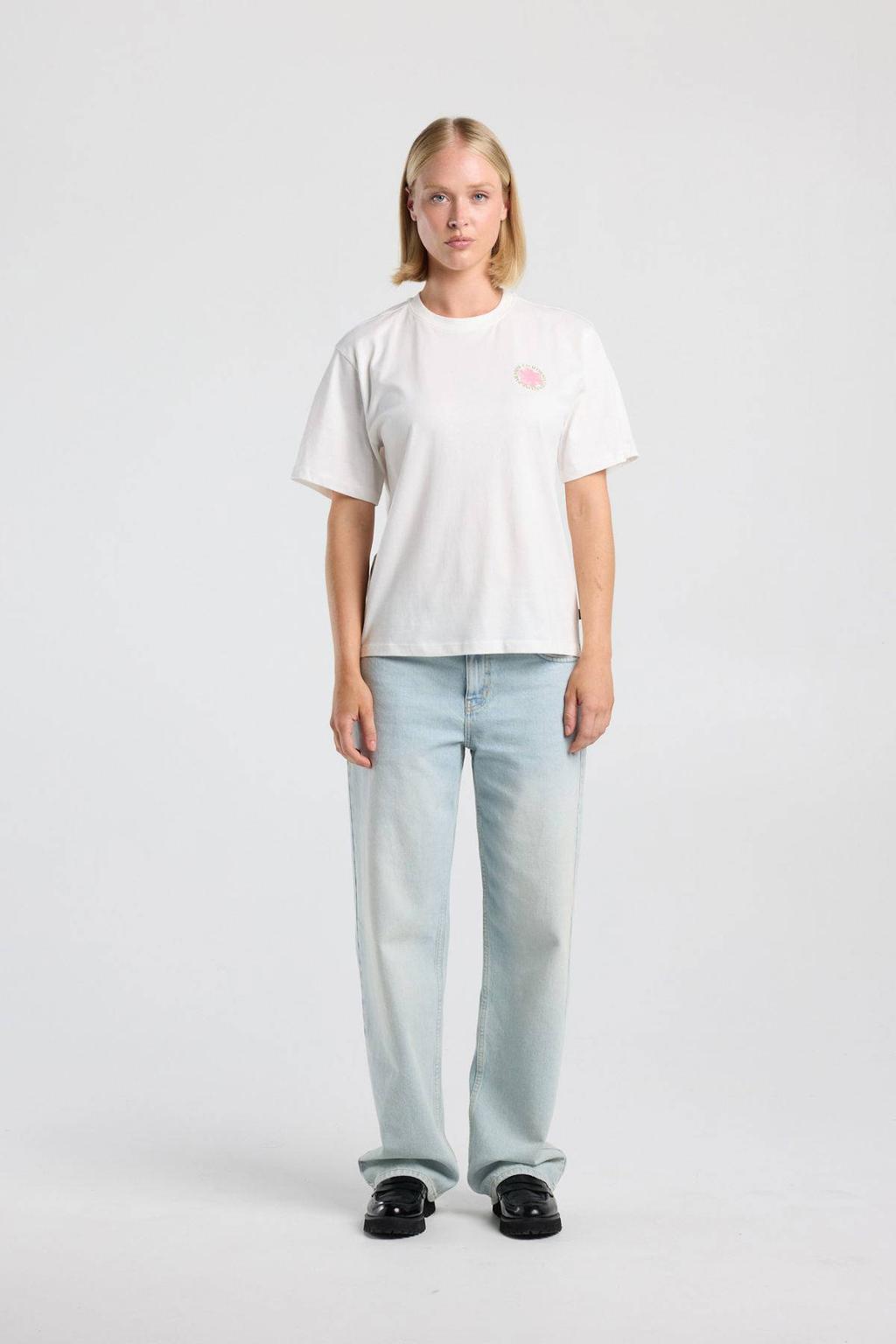 Wit, lichtroze en groene dames America Today T-shirt van katoen met printopdruk, korte mouwen en ronde hals