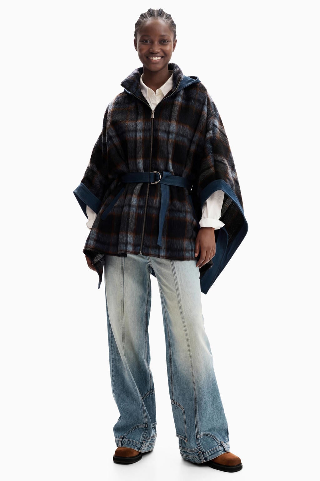 Dark blue denim, denim en groene dames Desigual geruite poncho van denim met capuchon