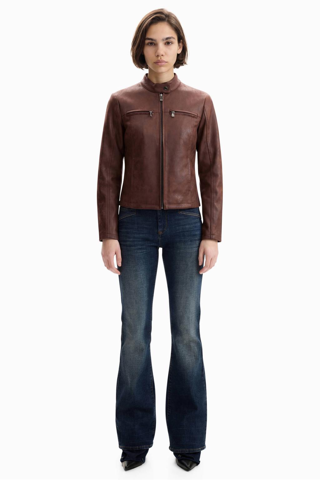 Bruine dames Desigual imitatieleren jas van polyester met lange mouwen