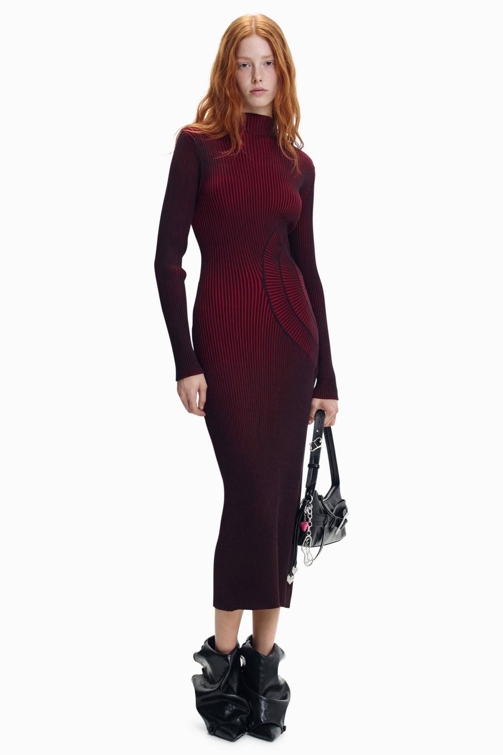Rood en zwarte dames Desigual midi jurk van viscose met lange mouwen en ronde hals
