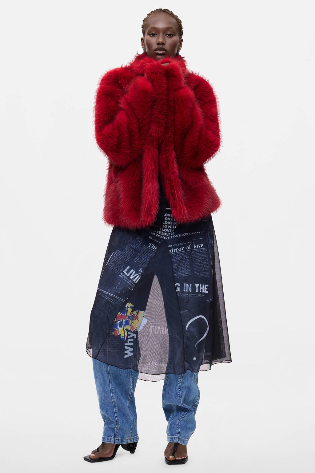 Rode dames Desigual imitatiebont winterjas met effen, lange mouwen en reverskraag