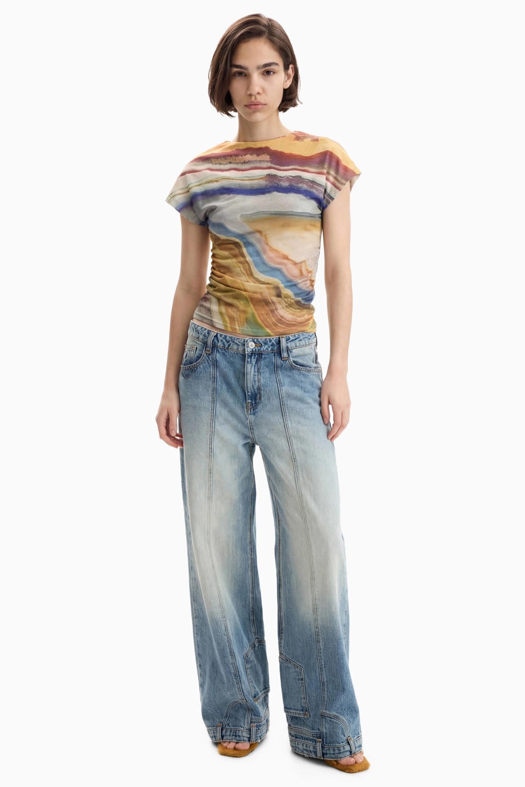 Multikleurige dames Desigual top meerkleurig van polyester met korte mouwen en boothals