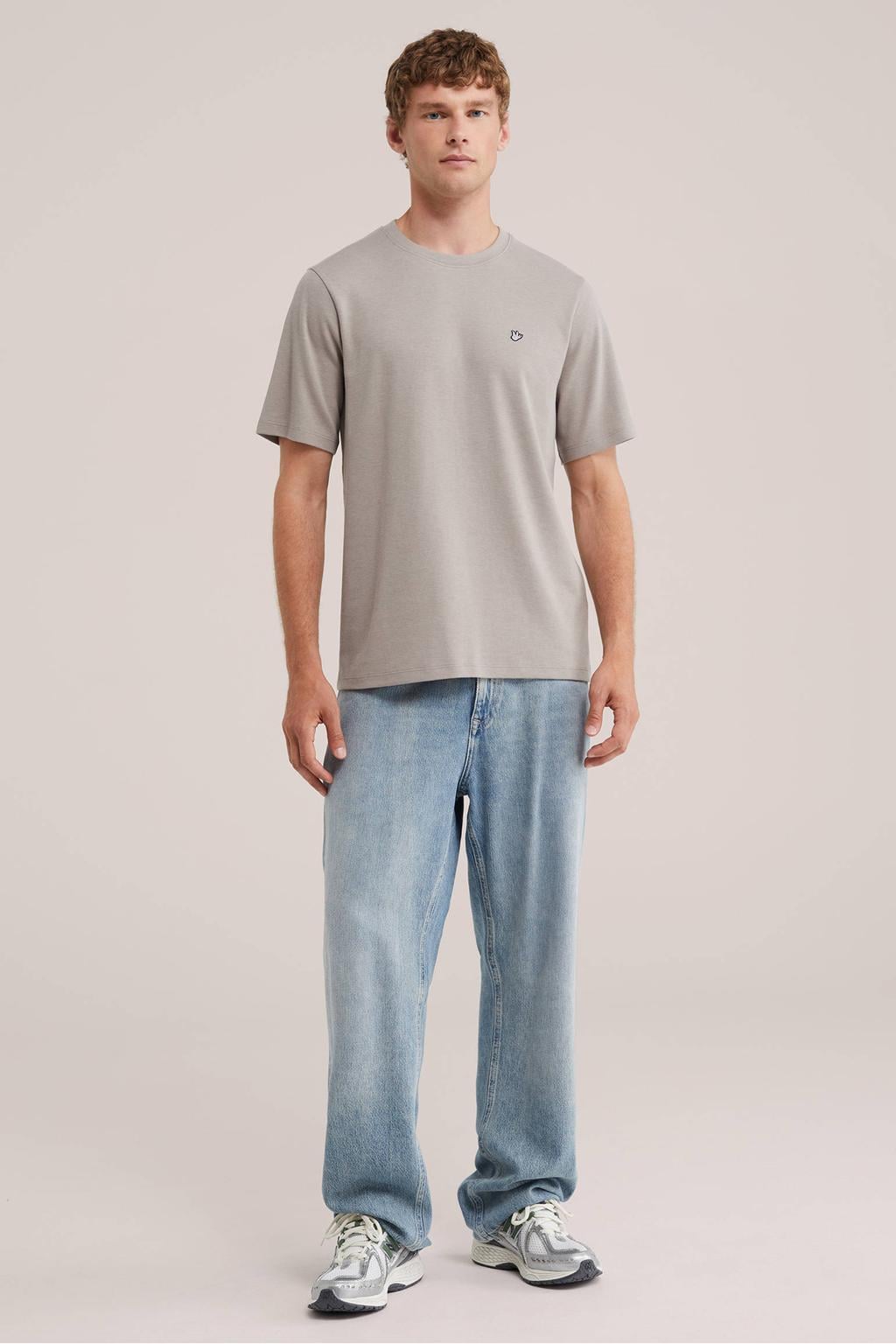 Grijze heren WE Fashion regular fit T-shirt van katoen met effen, korte mouwen en ronde hals
