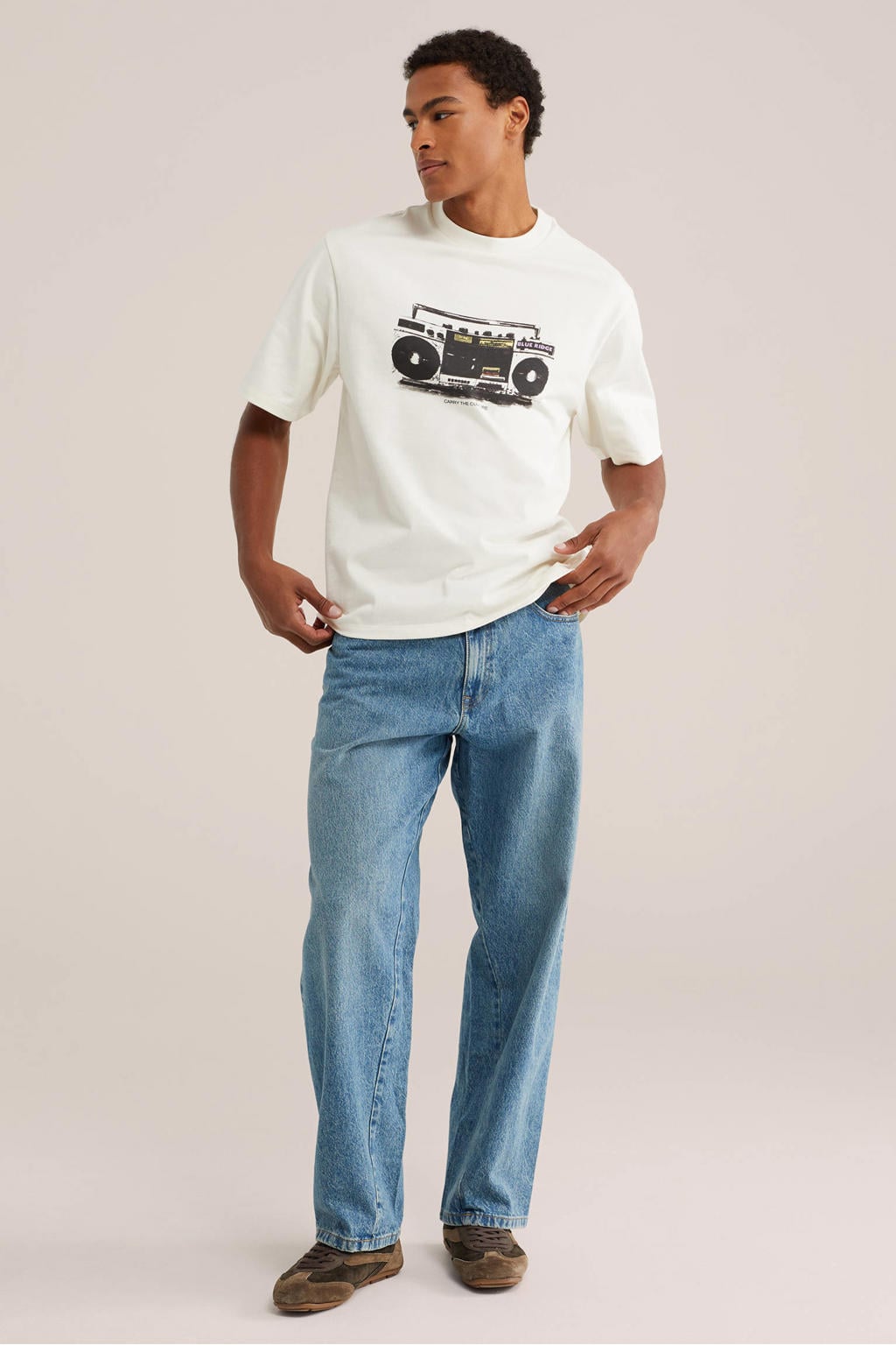 Ecru heren WE Fashion Blue Ridge oversized T-shirt van katoen met printopdruk, korte mouwen en ronde hals