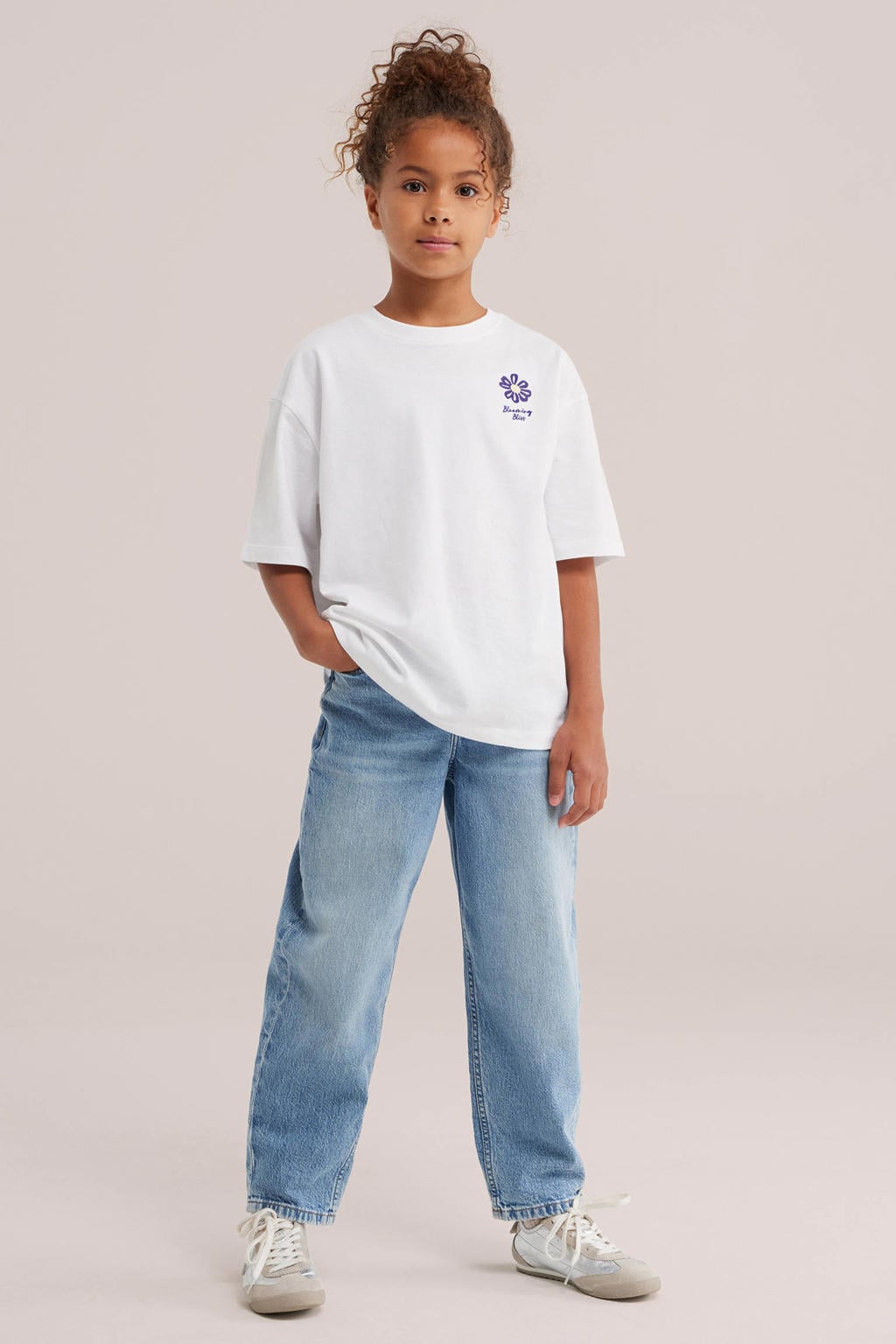 Wit, paars en gele meisjes WE Fashion T-shirt van katoen met effen, half lange mouwen en ronde hals