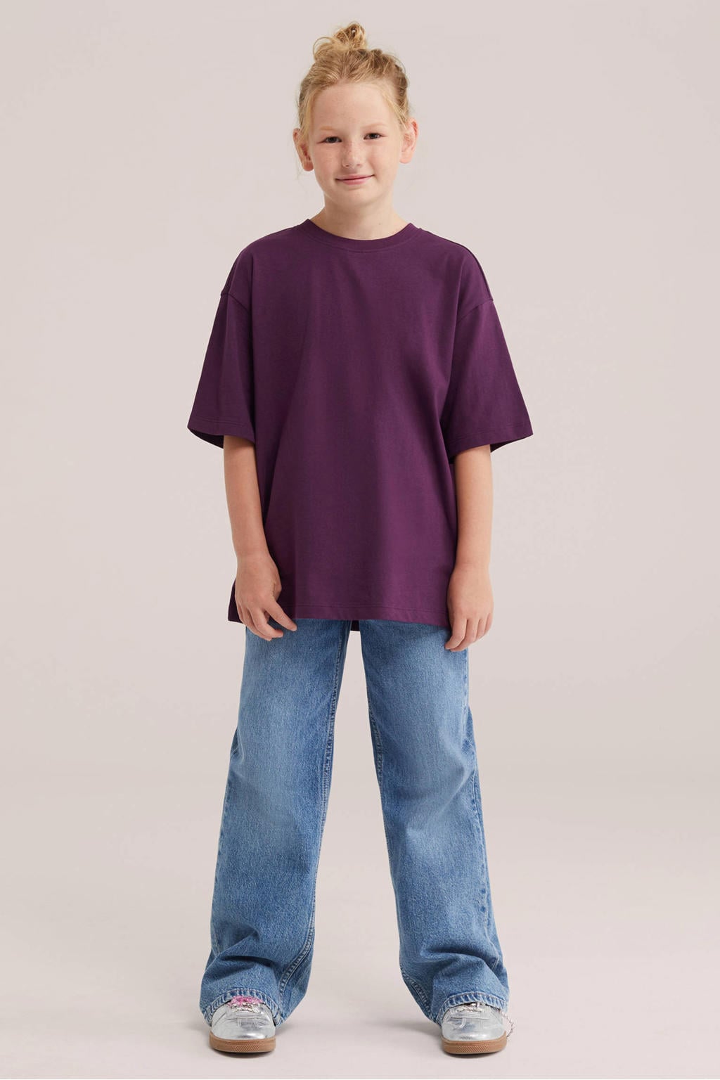 Aubergine meisjes WE Fashion T-shirt van katoen met backprint, half lange mouwen en ronde hals