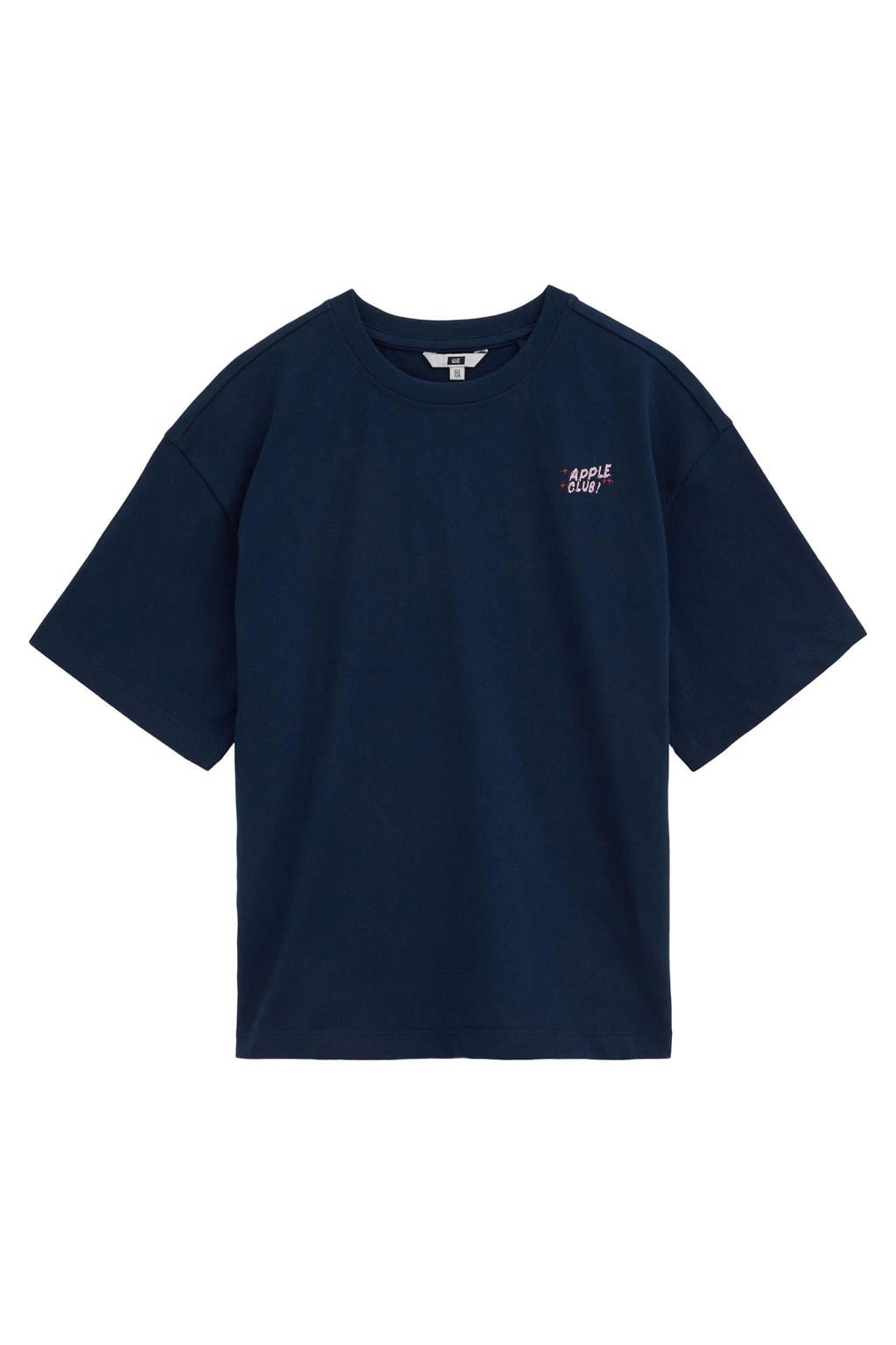 Donkerblauwe meisjes WE Fashion T-shirt van katoen met backprint, half lange mouwen en ronde hals