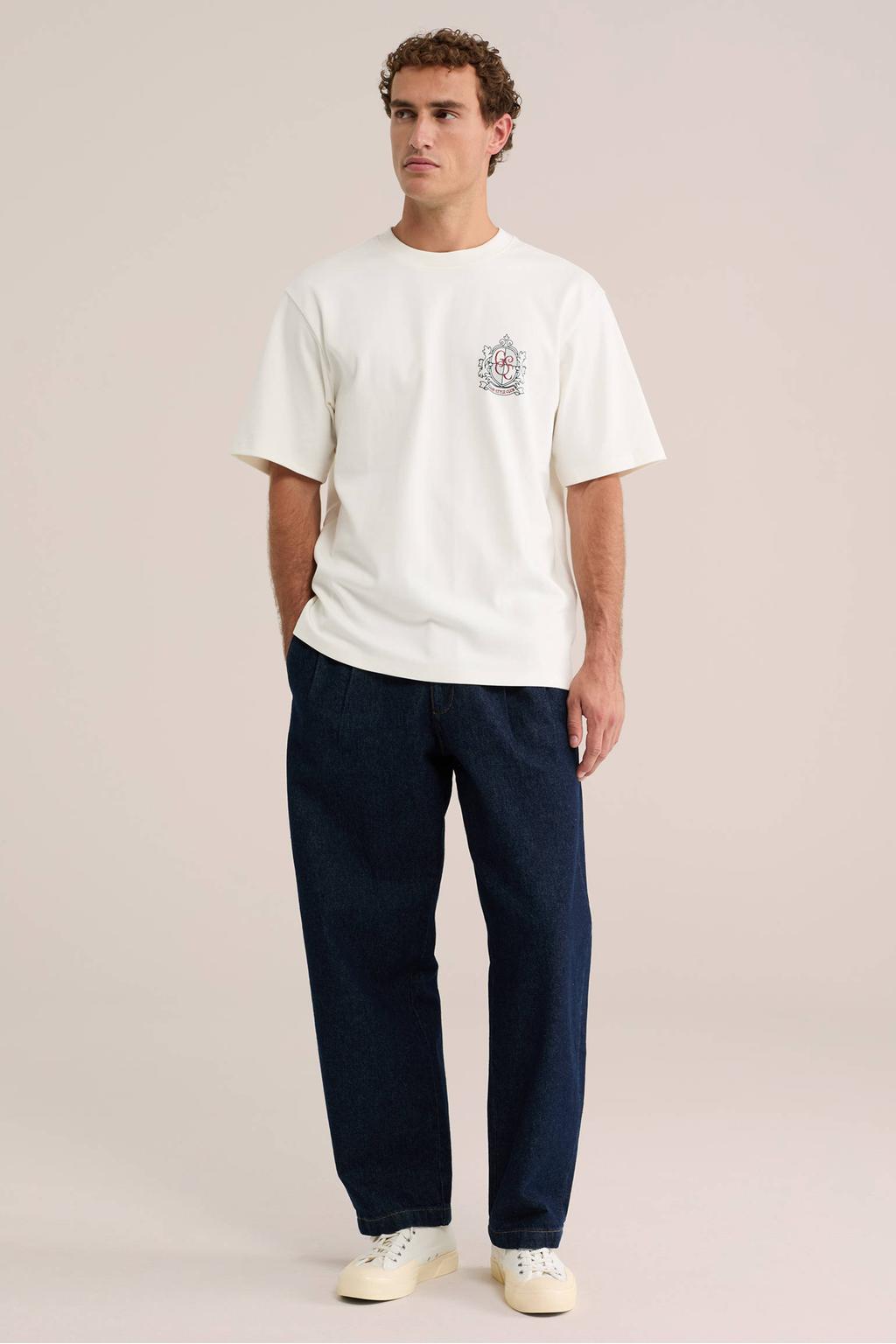 Ecru heren WE Fashion oversized T-shirt van katoen met backprint, korte mouwen en ronde hals