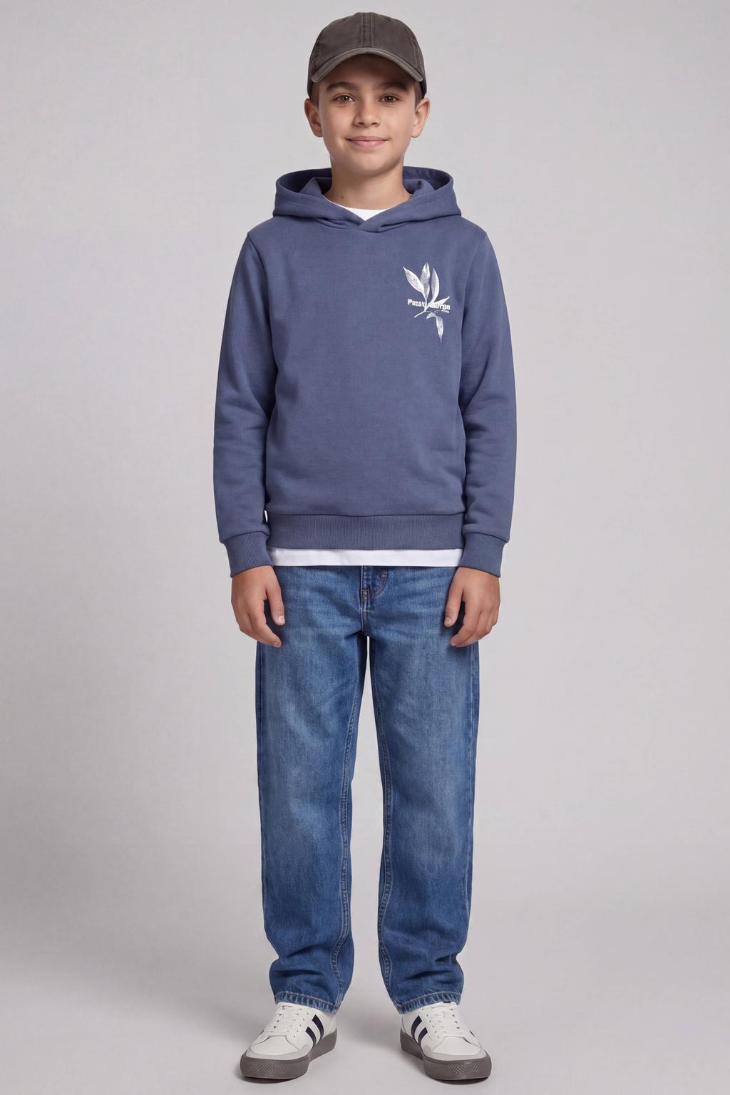 Blauwe jongens JJ REBEL JUNIOR hoodie van sweat materiaal met backprint, lange mouwen en capuchon