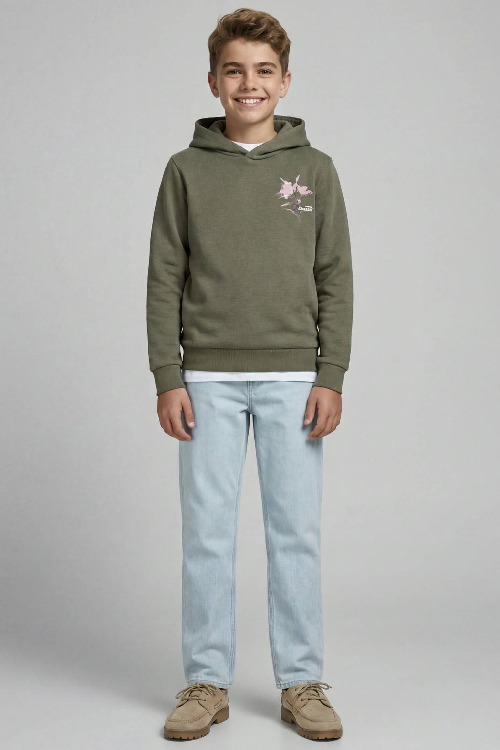 Groene jongens JJ REBEL JUNIOR hoodie van sweat materiaal met backprint, lange mouwen en capuchon