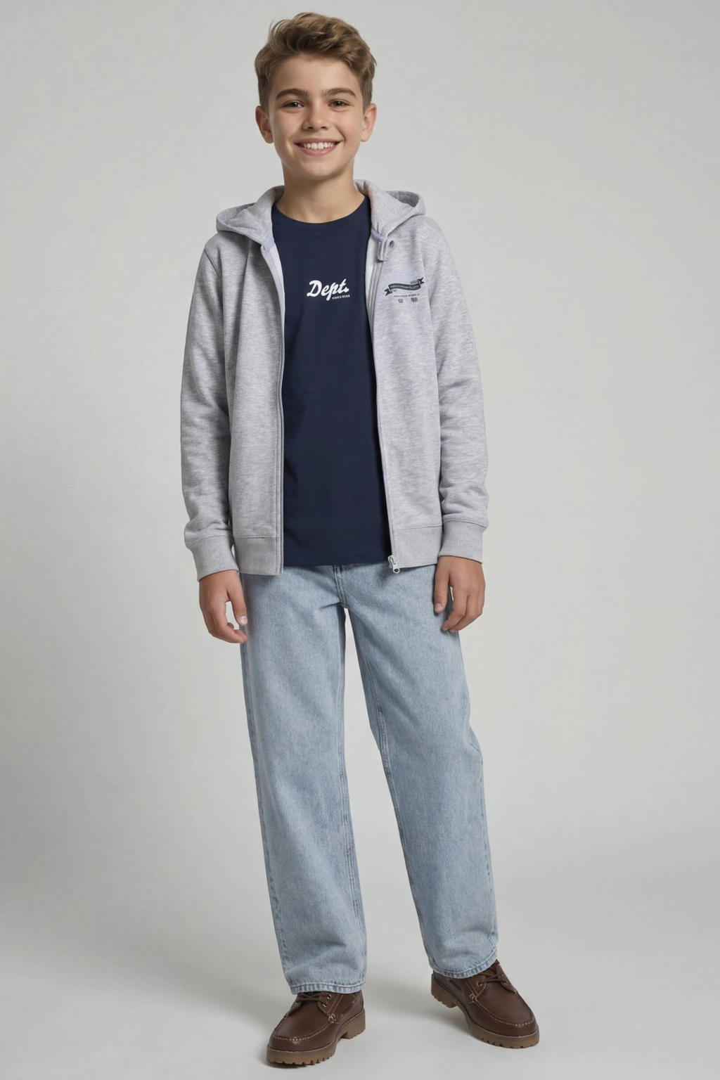Donkerblauwe jongens JJ REBEL JUNIOR T-shirt van katoen met backprint, korte mouwen en ronde hals