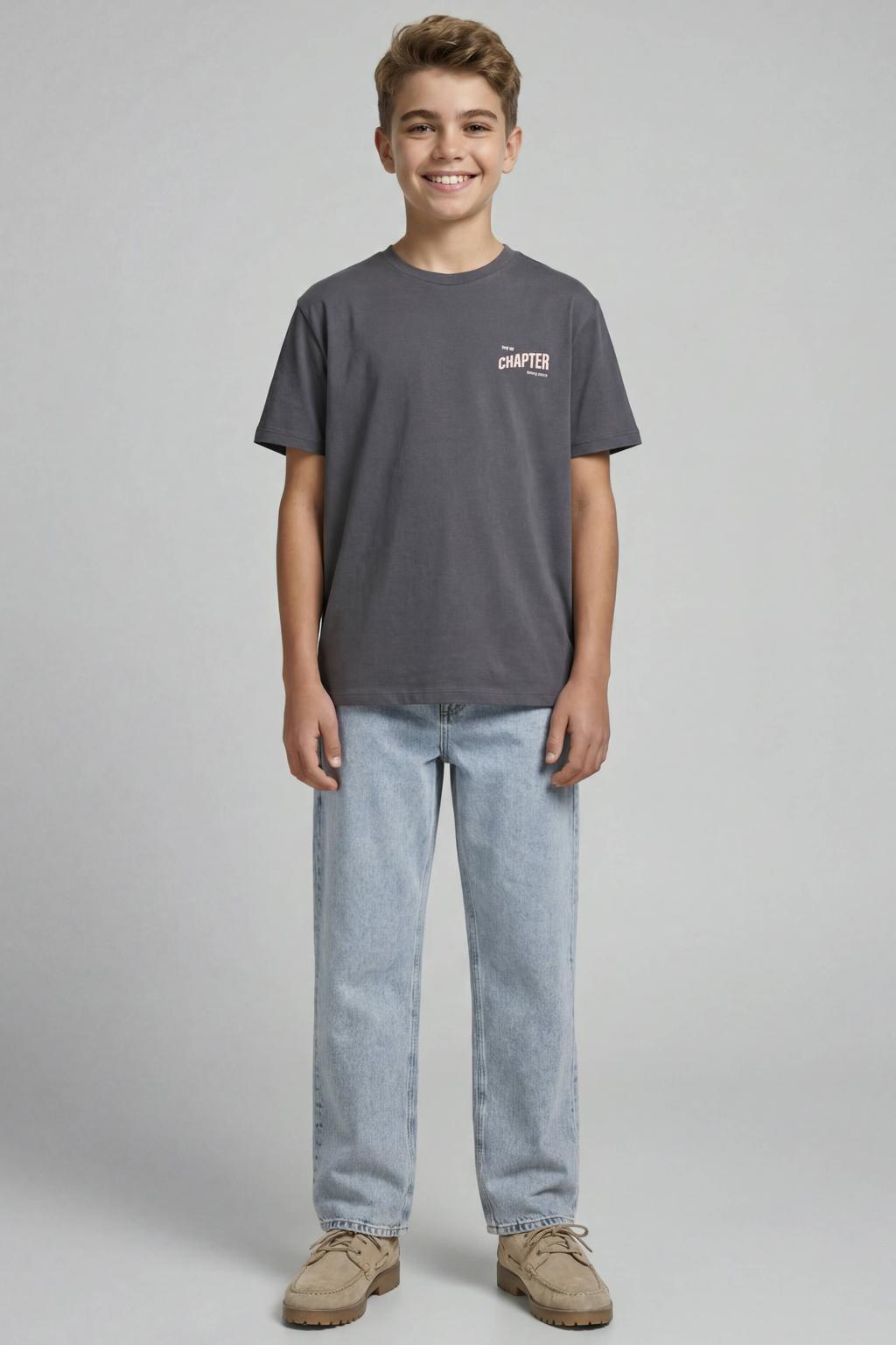 Grijze jongens JJ REBEL JUNIOR T-shirt van katoen met backprint, korte mouwen en ronde hals