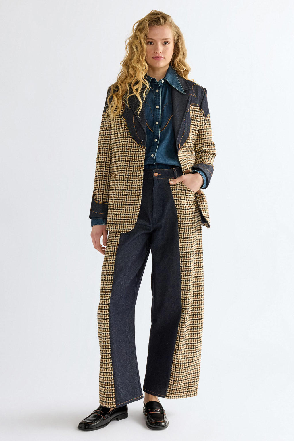 Wrangler denim regular fit geruite blazer - bruin