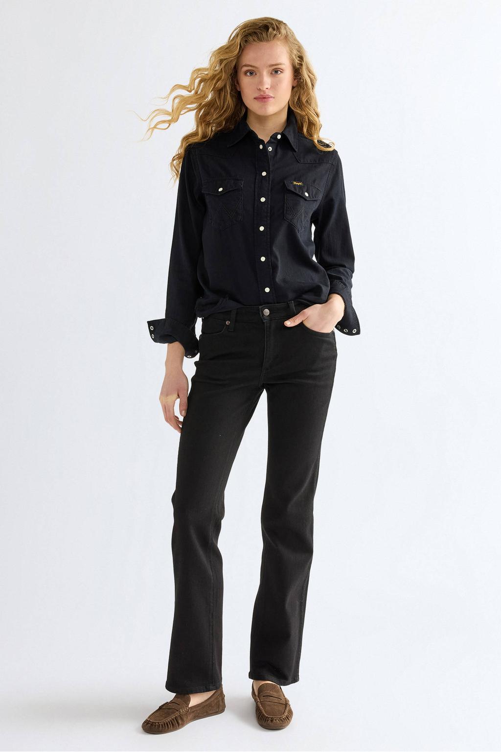 Black denim dames Wrangler straight leg jeans van denim met rits- en knoopsluiting en effen