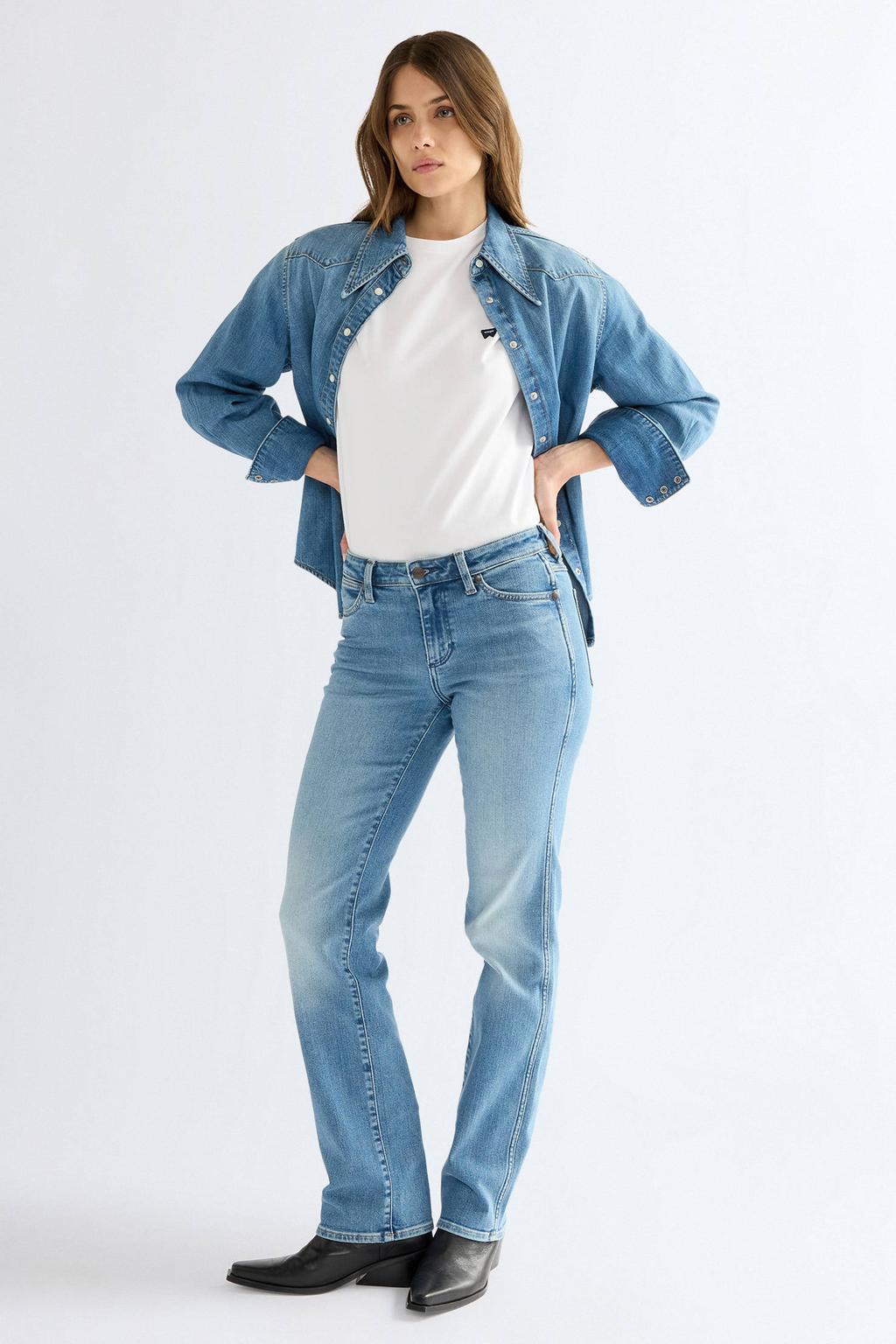 Light blue denim dames Wrangler straight leg jeans van denim met rits- en knoopsluiting en effen
