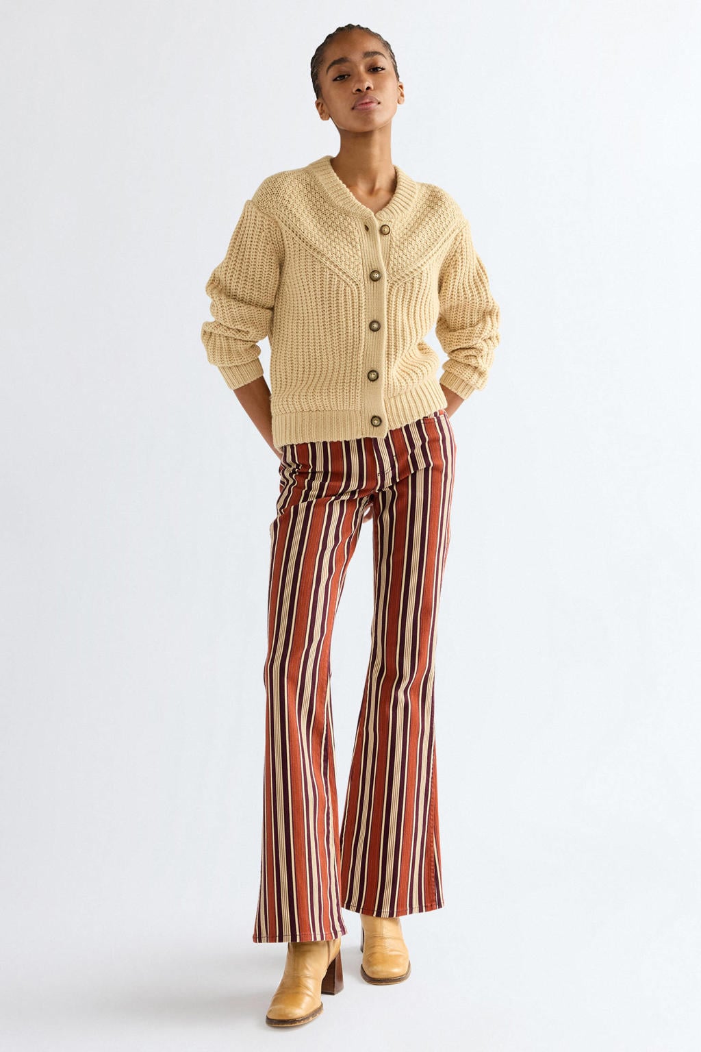 Multikleurige dames Wrangler gestreepte flared jeans meerkleurig van denim met regular waist en rits- en knoopsluiting