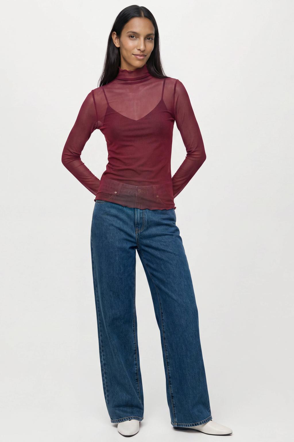 Rode dames OBJECT aansluitende top van polyester met effen, lange mouwen en mesh