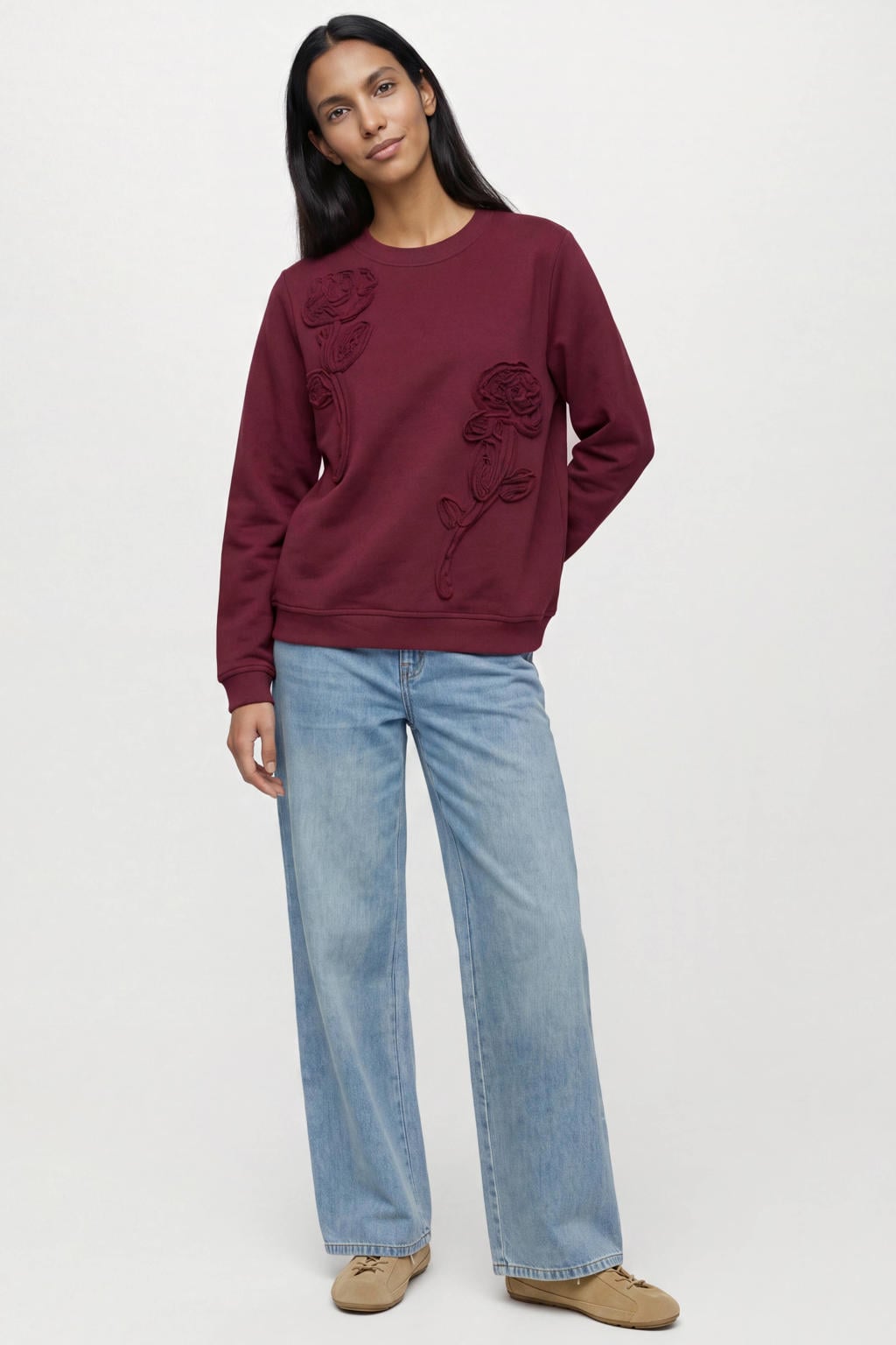 Donkerrode dames OBJECT sweater van katoen met effen, lange mouwen, ronde hals en 3D applicatie