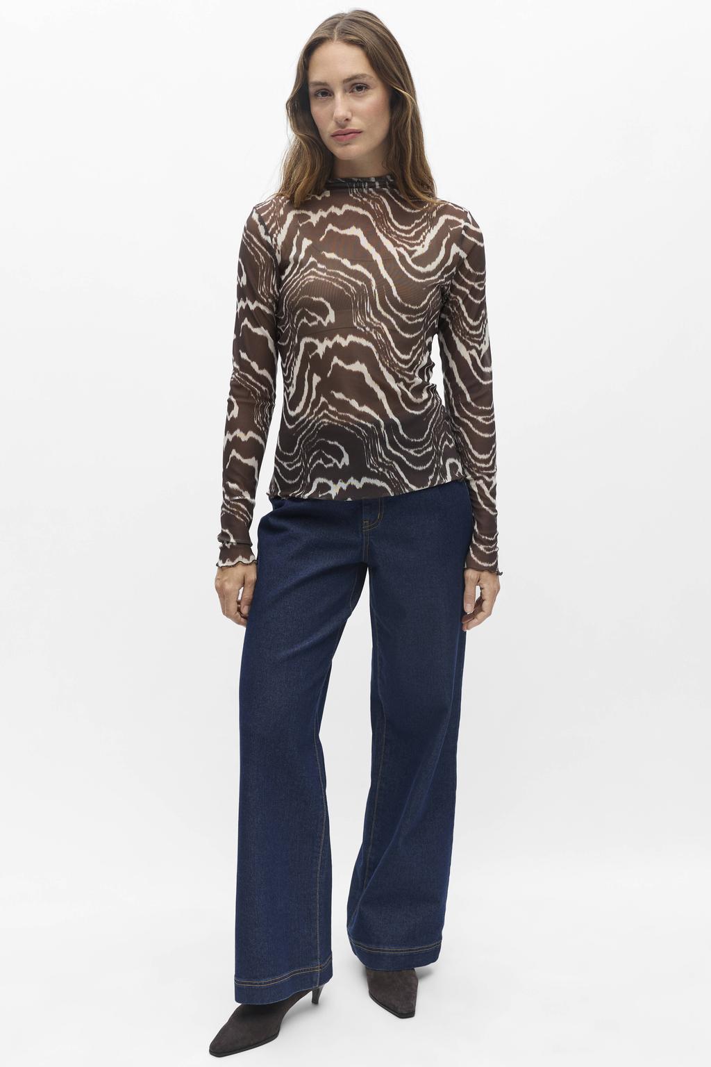 Bruine dames OBJECT aansluitende top van polyester met lange mouwen en mesh