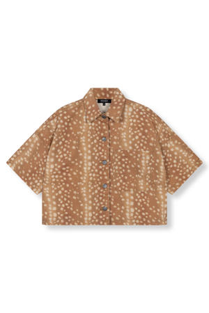 denim blouse met dierenprint - bruin