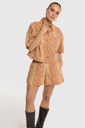 denim blouse met dierenprint - bruin