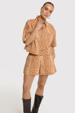 denim blouse met dierenprint - bruin