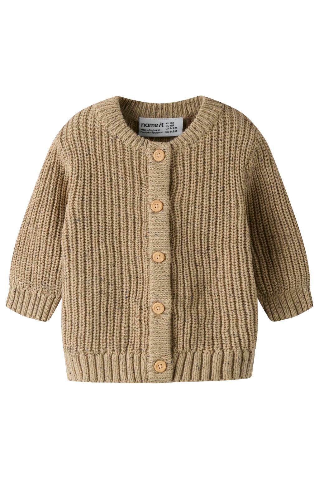 Camelkleurige jongens NAME IT BABY rechtvallend gebreid vest met effen, lange mouwen, ronde hals en knoopsluiting
