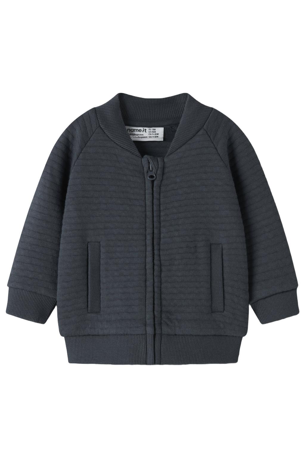 Donkerblauwe jongens NAME IT BABY jacquard sweatvest van katoen met effen, lange mouwen, ronde hals en ritssluiting