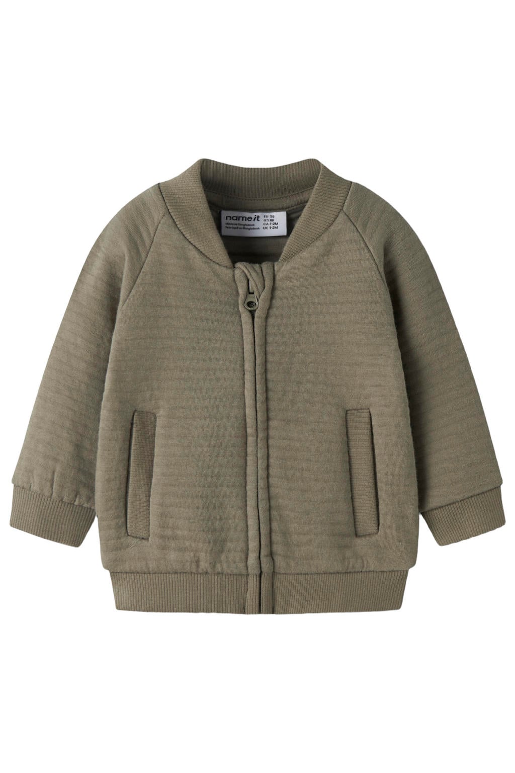 Groene jongens NAME IT BABY jacquard sweatvest van katoen met effen, lange mouwen, ronde hals en ritssluiting
