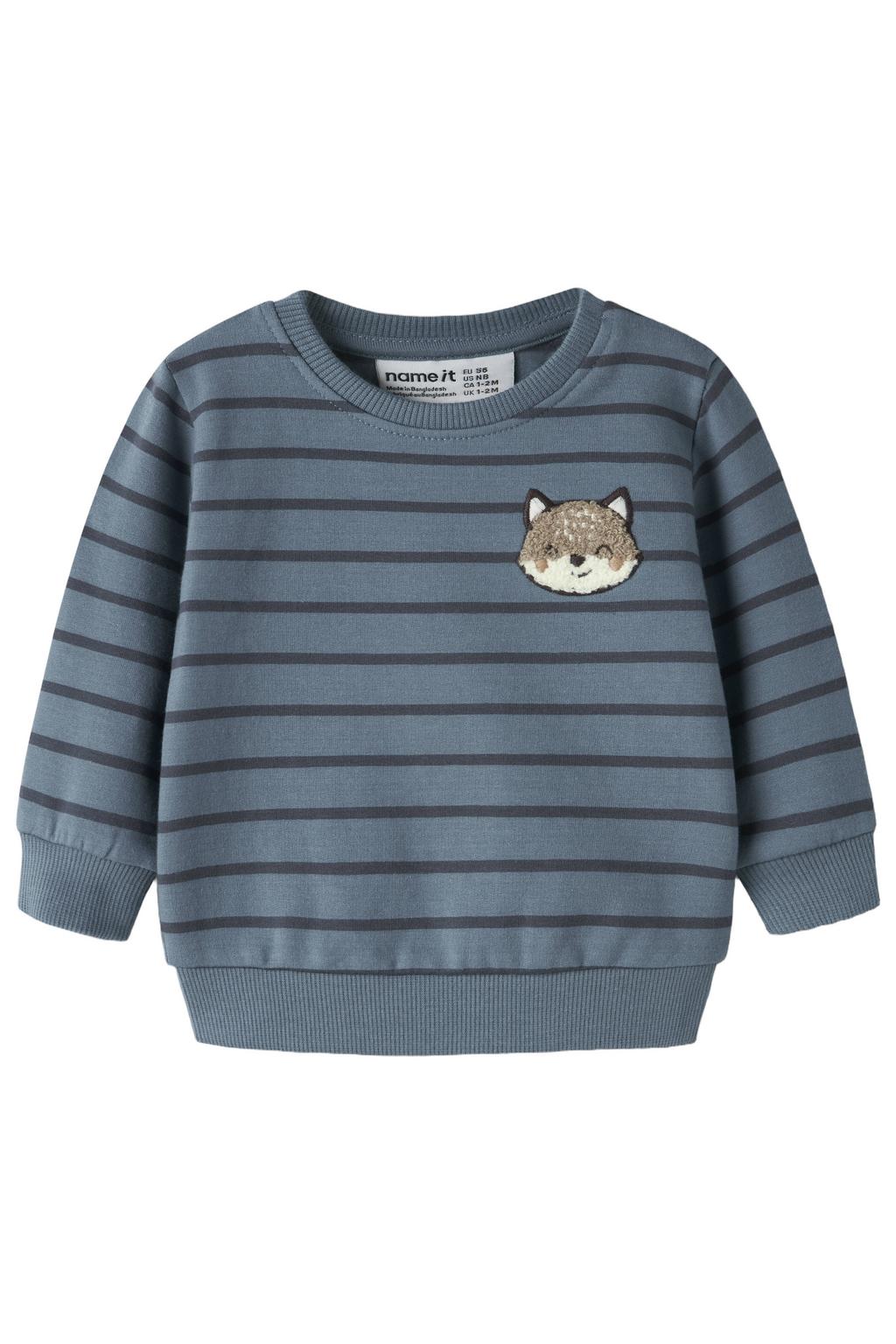 Blauwe jongens NAME IT BABY gestreepte sweater met printopdruk, lange mouwen, ronde hals, drukknoopsluiting en borduursels