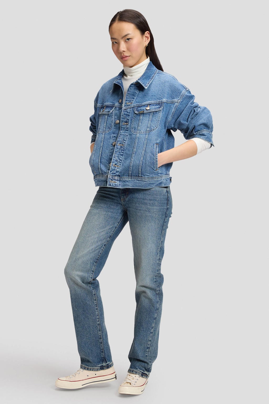 Medium blue denim dames Lee spijkerjas medium van denim met effen en lange mouwen