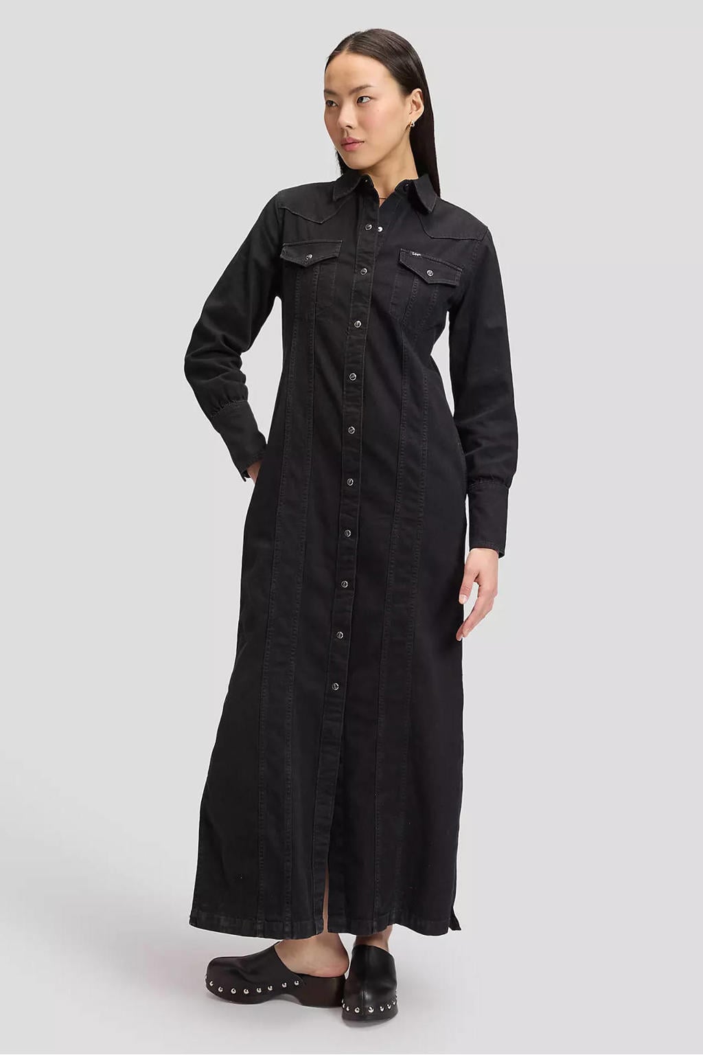 Grey denim dames Lee van denim met effen, lange mouwen, knoopsluiting en split