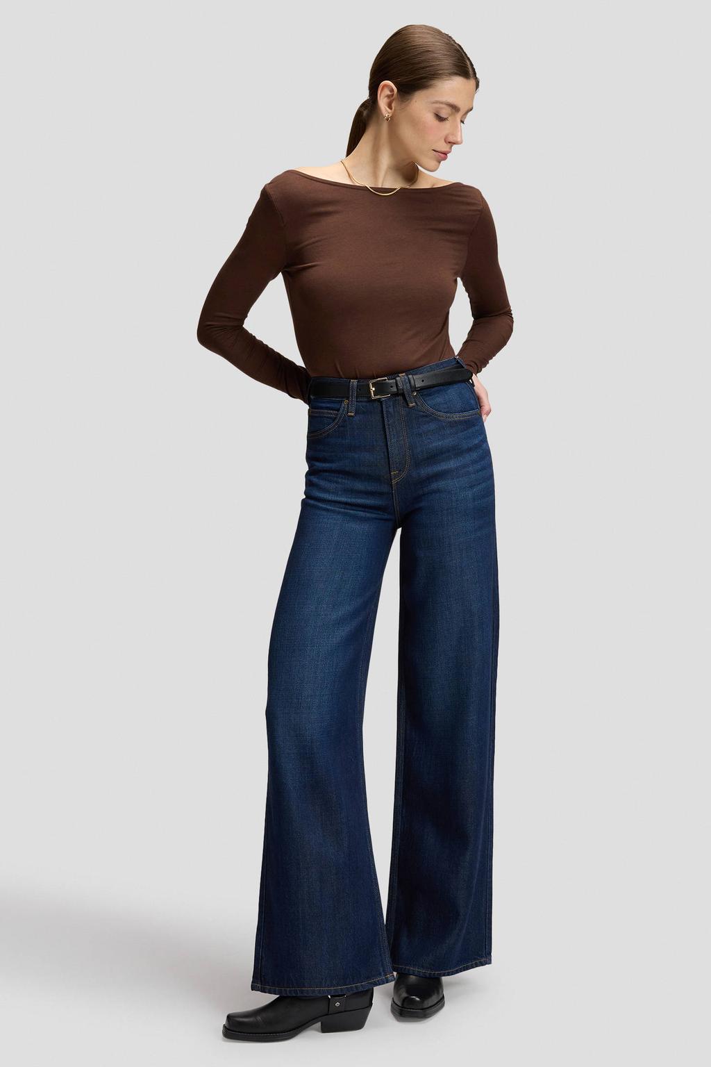 Dark blue denim dames Lee wide leg jeans van denim met high waist, rits- en knoopsluiting en effen
