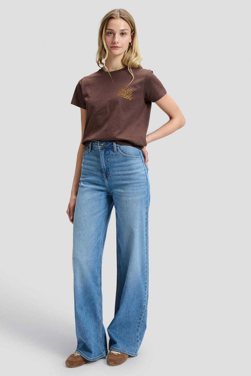 Medium blue denim dames Lee wide leg jeans mediumblauw van denim met high waist, rits- en knoopsluiting en effen