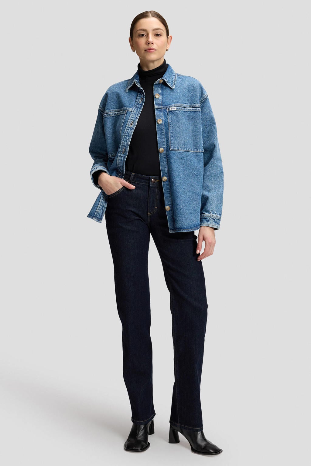 Dark blue denim dames Lee regular waist straight leg jeans van denim met rits- en knoopsluiting en effen