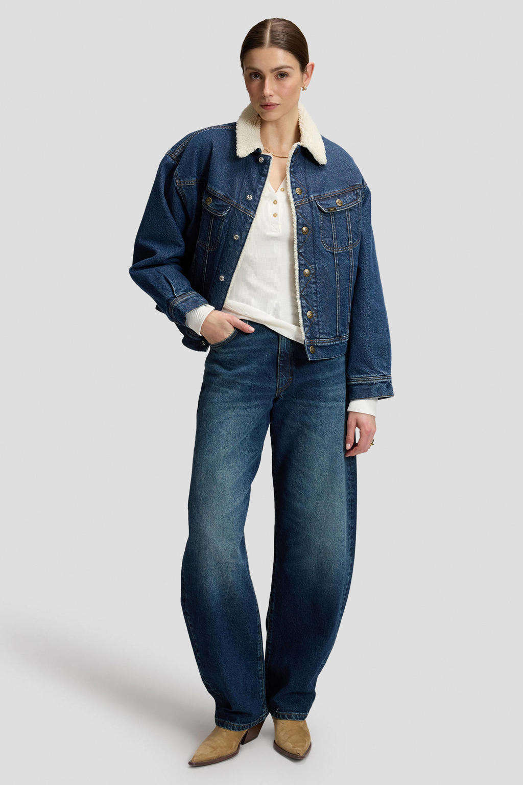 Dark blue denim dames Lee barrel jeans van denim met regular waist, rits- en knoopsluiting en effen