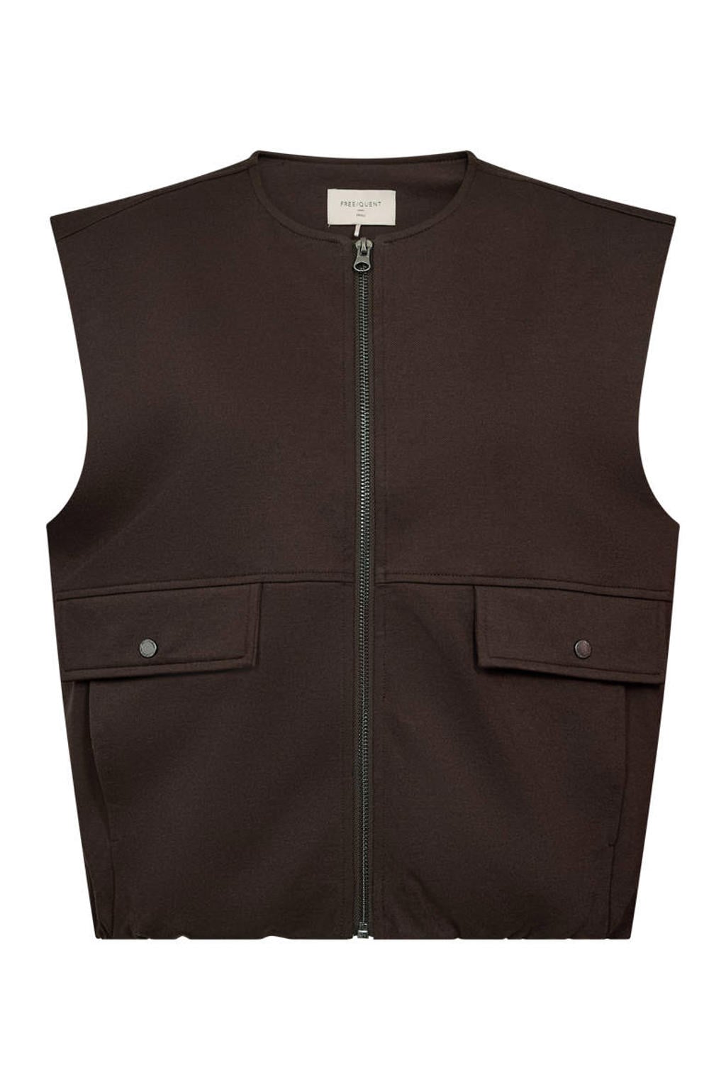 Bruine dames FREEQUENT gilet van polyester met effen, ronde hals en ritssluiting