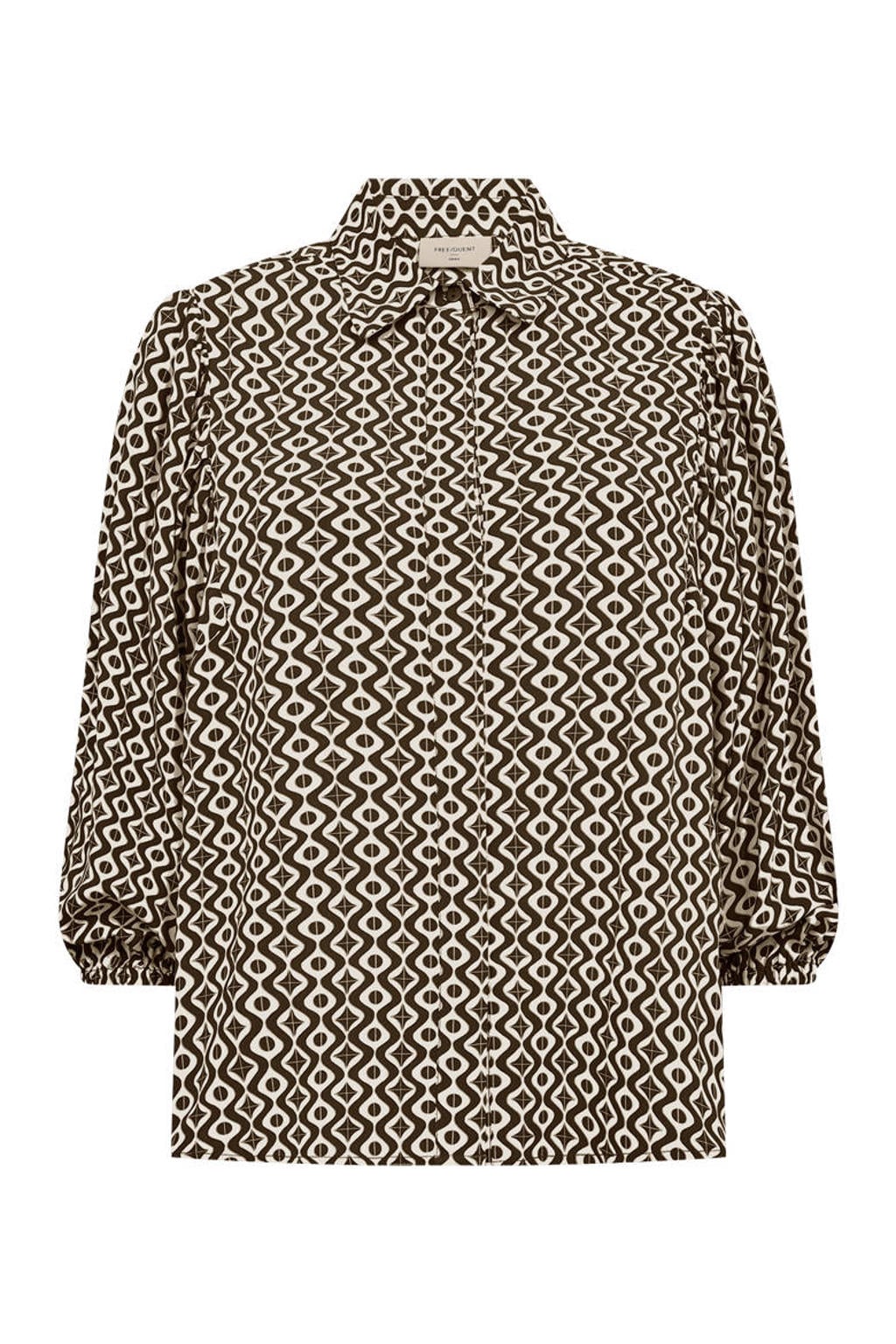 Bruin en zwarte dames FREEQUENT blouse van viscose met driekwart mouwen, klassieke kraag en knoopsluiting