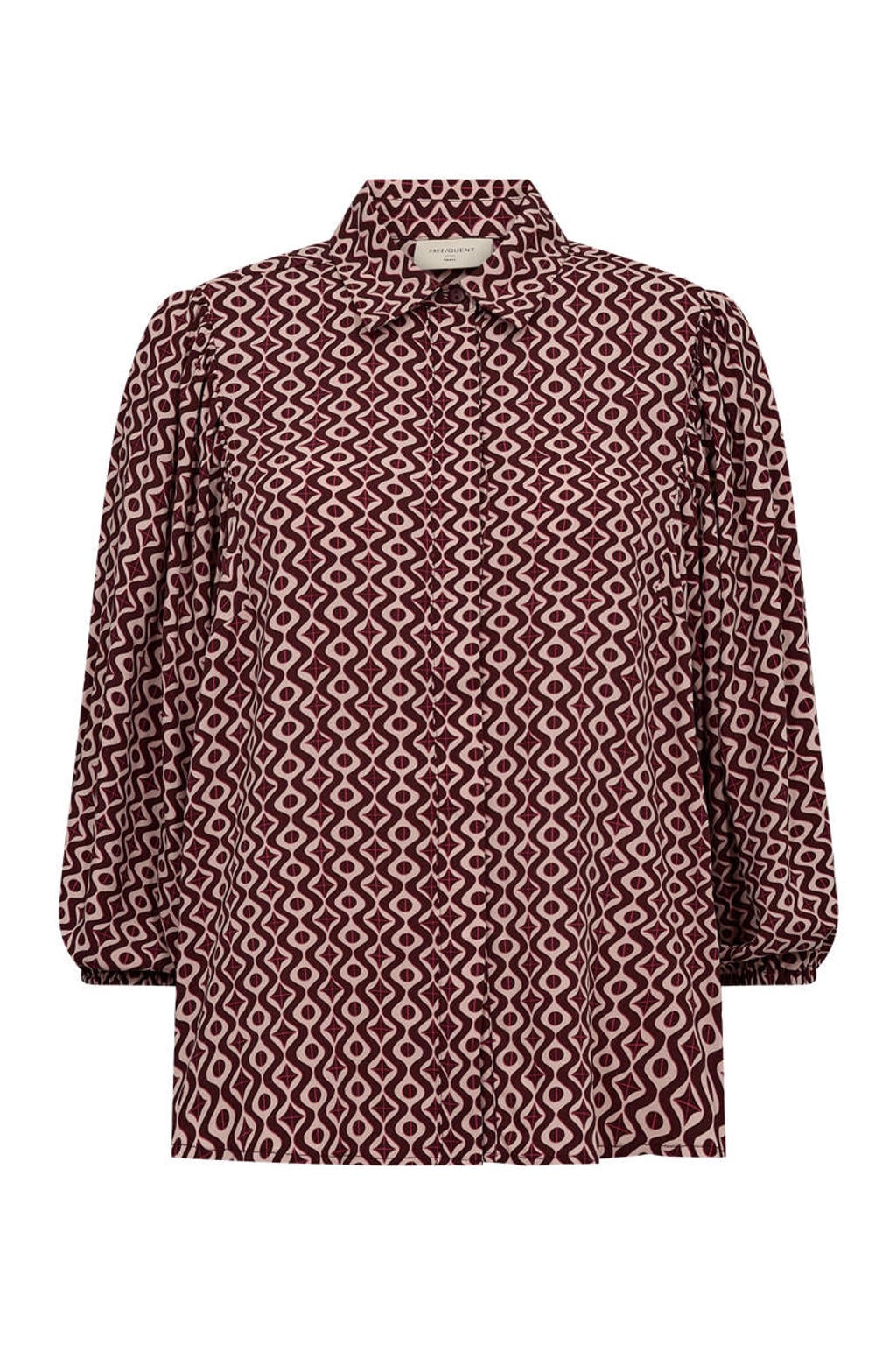 Donkerrood en ecru dames FREEQUENT blouse van viscose met driekwart mouwen, klassieke kraag en knoopsluiting