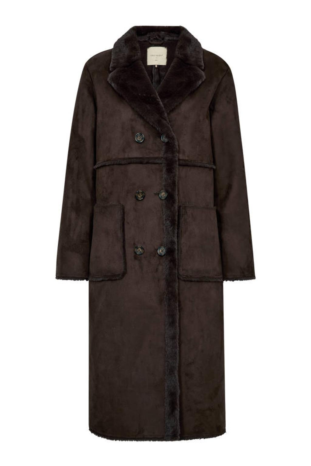 Donkerblauwe dames FREEQUENT faux fur jas van polyester met effen, lange mouwen, reverskraag en imitatiebontkraag