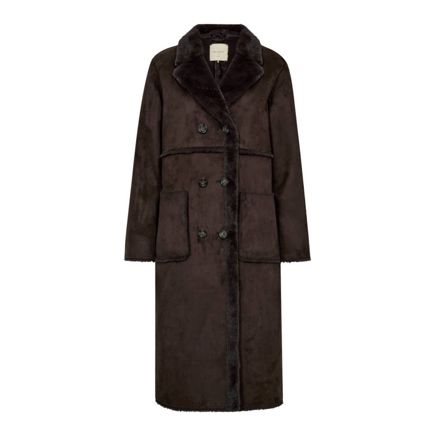 FREEQUENT faux fur jas met imitatiebontkraag donkerbruin