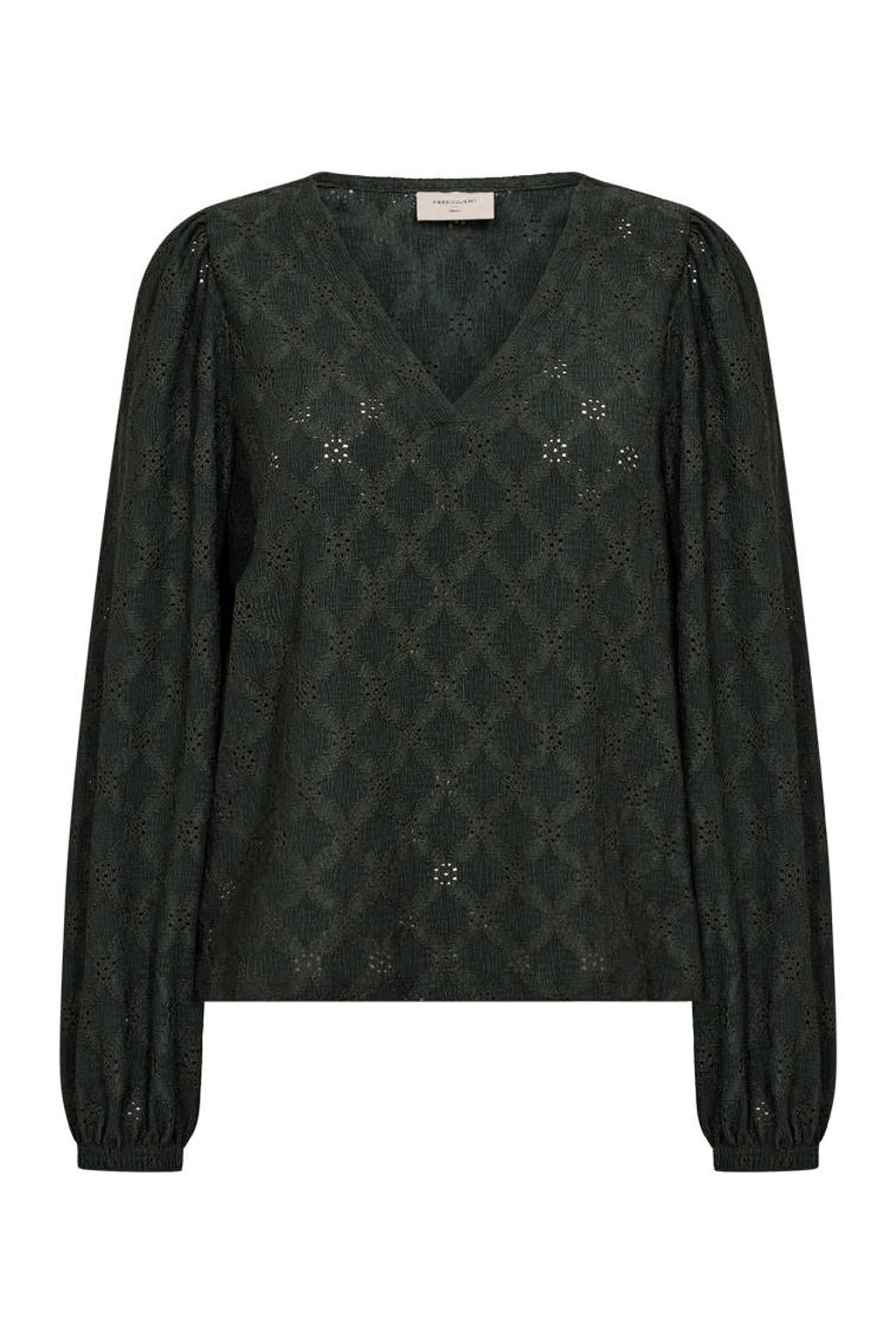 Groene dames FREEQUENT top van polyester met effen, lange mouwen, V-hals en broderie